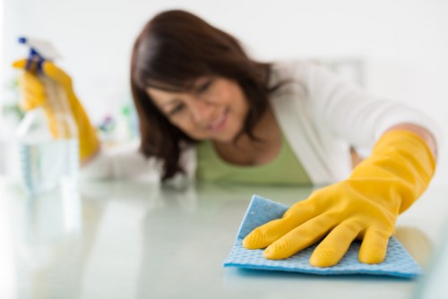 Cleaning process in progress on a carpeted floor
